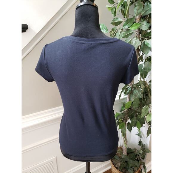 Labwork Faux Wrap Ruched Women's S-P Blue Polyester Short Sleeves Tie Waist Top - Picture 8 of 12